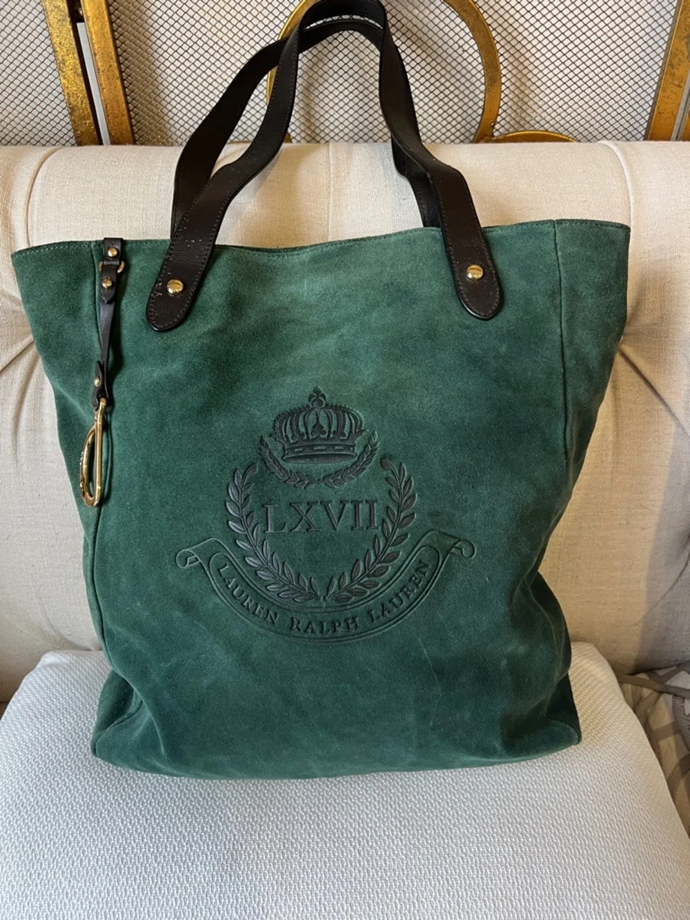 Lauren Ralph Lauren Deep Green Suede Tote with Black Leather Straps - Picture 1 of 11